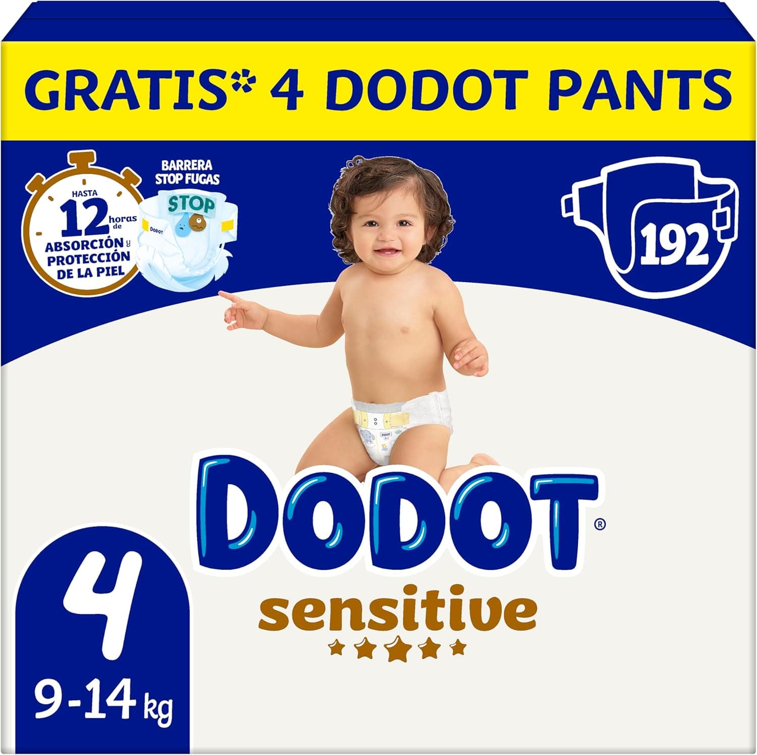 Dodot Sensitive fraldas tamanho 4 (9–14 kg), 192 unidades + 4 fraldas-calção extra, proteção até 12h e cuidado da pele
