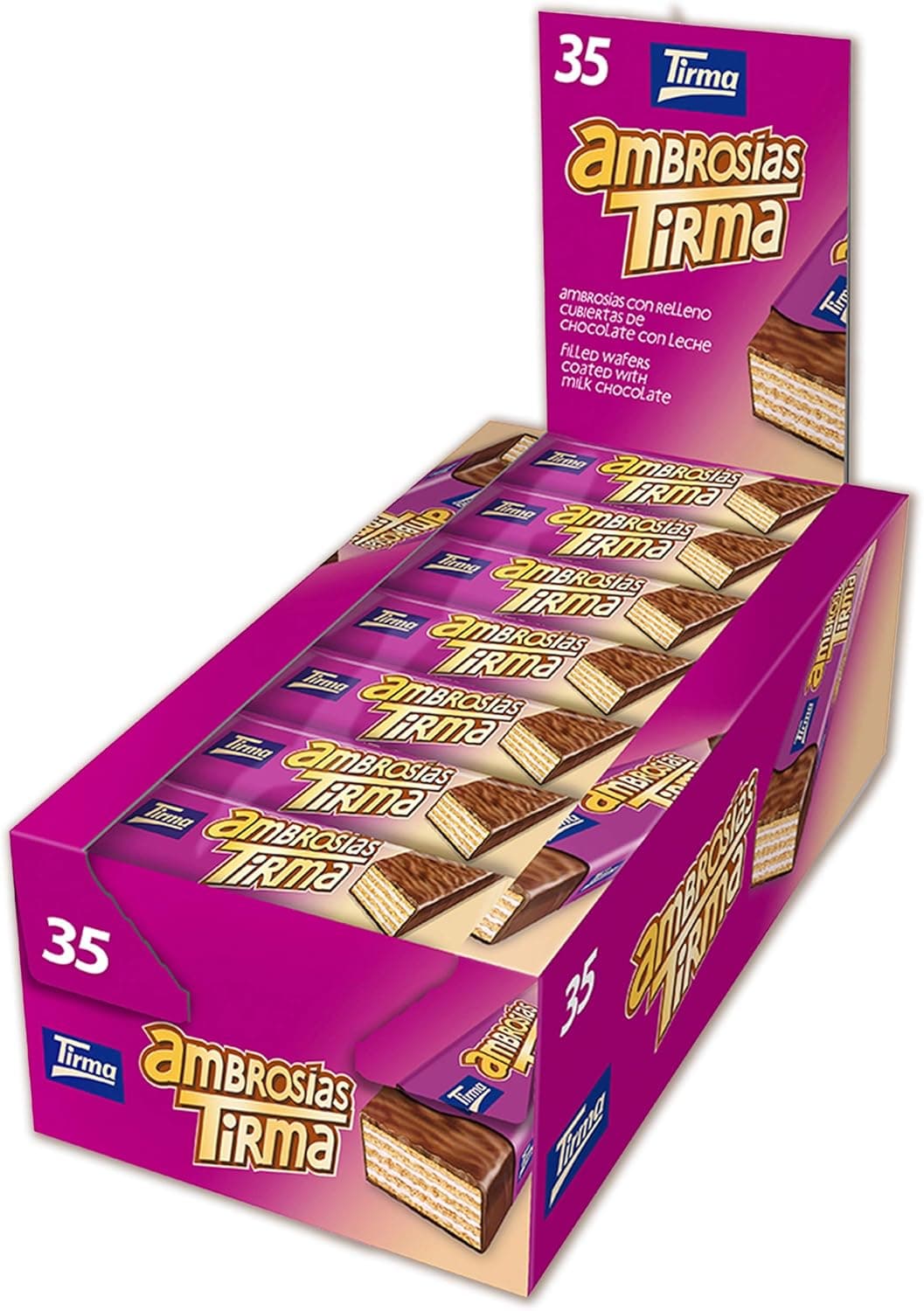 Tirma Ambrosia Cobertura de chocolate com leite, barras de bolos recheados com creme e talheres de cacau, chocolate das Canárias embaladas individualmente, 35 unidades, 752,50 g