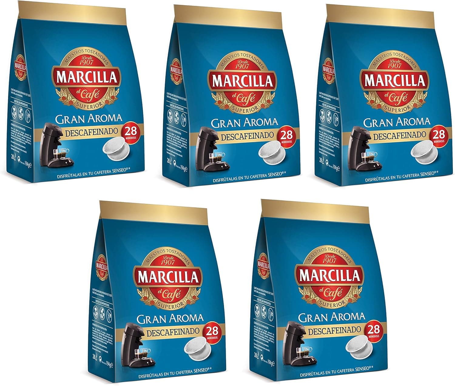 Marcilla Great Flavour | 5 Pacotes de 28 cápsulas, 140 cápsulas de descafeinado compatíveis com as cafeteiras Senseo