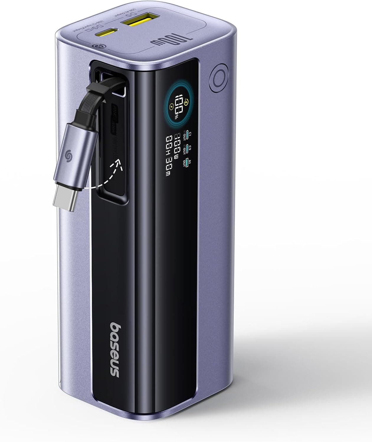 Baseus EnerGeek Power Bank 100W 10000 mAh | Carregador portátil com cabo USB-C retrátil, visor digital e compatibilidade universal