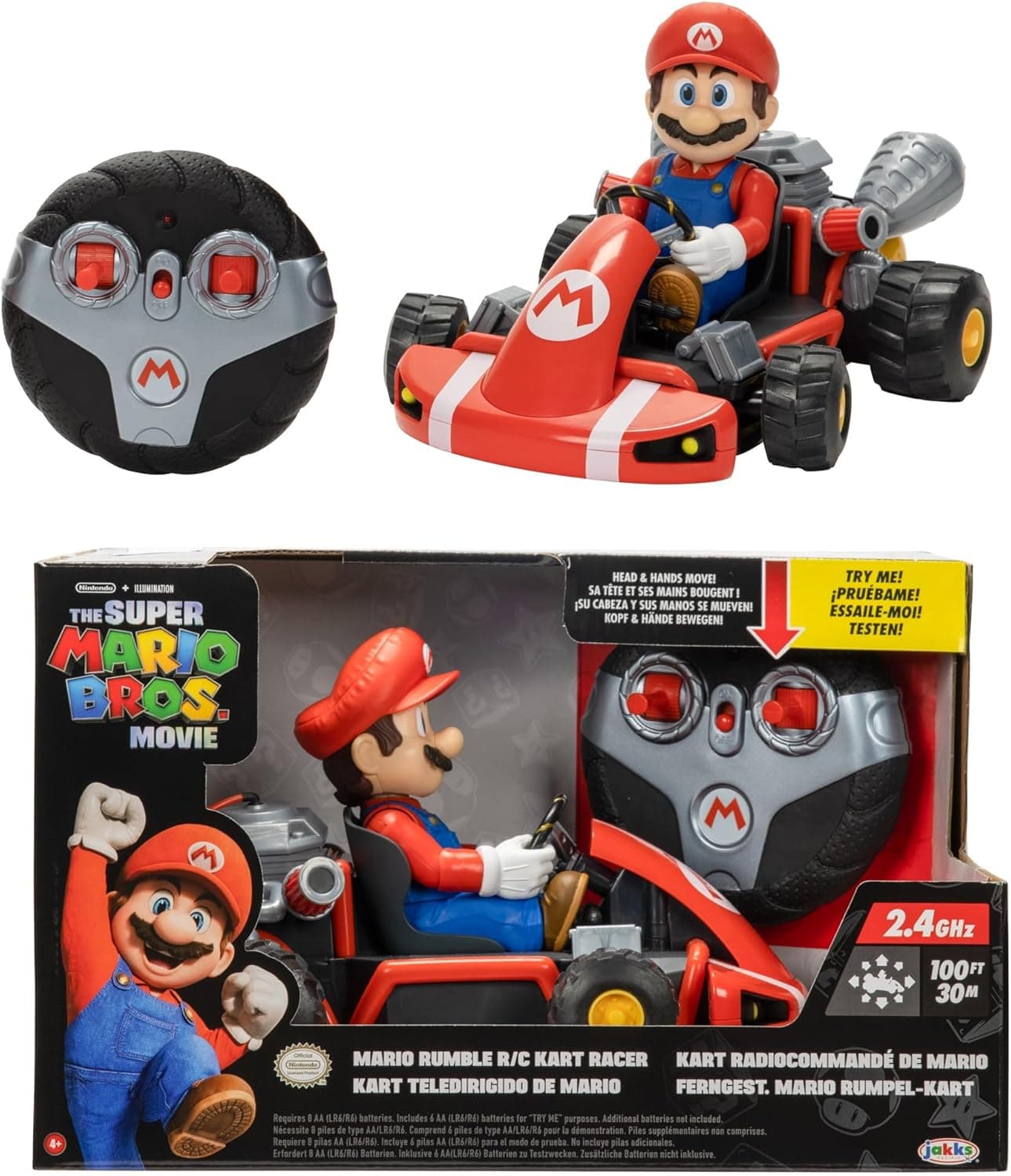 Nintendo Super Mario Movie - Carro remoto Mario com funções - os tubos de escape iluminam-se e emitem ruídos simulando uma ação mais real