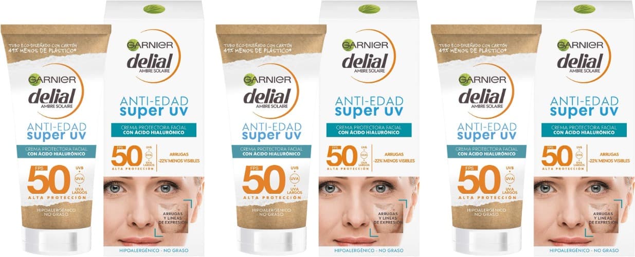 GARNIER DELIAL Creme solar facial uso diário alta proteção FPS50 anti-idade com ácido hialurónico, reduz rugas e linhas de expressão 50 ml x 3