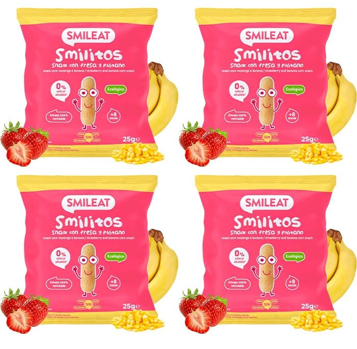 Smileat | Sacos de sementes ecológicos para crianças sabor morango e bananeira | minhocos saudáveis para crianças, Snack de milho saudável | alternativa de lanche infantil saudável, 25 g x4