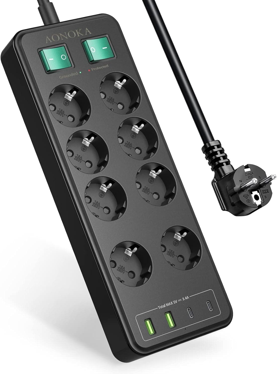 8 tomadas tomadas USB C, tomada de 8 tomadas com 2 interruptores individuais, ladrão tomadas múltiplas com proteção contra sobrecargas, extensão tomada montada parede, cabo 1,5 m preto