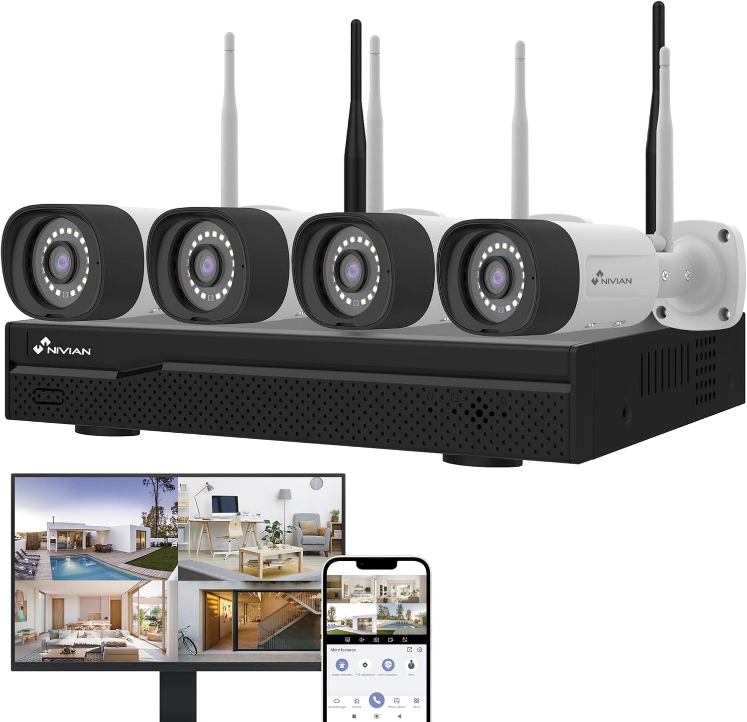 NIVIAN Kit câmaras de vigilância profissional WiFi SuperHD com 4 câmaras IP e gravador 16CH - para casas e negócios - visão noturna, detecção humana IA, áudio bidirecional, fácil instalação