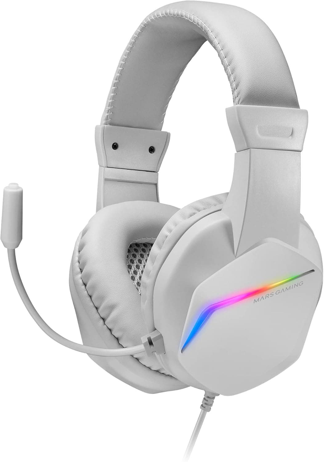 Mars Gaming MH122 Branco, capacetes Gaming FRGB Over Ear com microfone, som HiFi, cancelamento de som, ultra-luzes