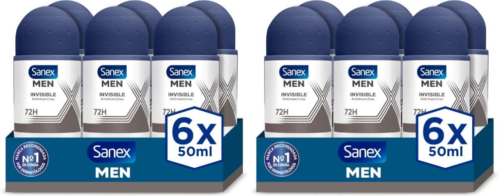 Sanex Men Invisible | Desodorizante roll-on antitranspirante 72h anti-manchas, 0% álcool, 6 unidades de 50 ml