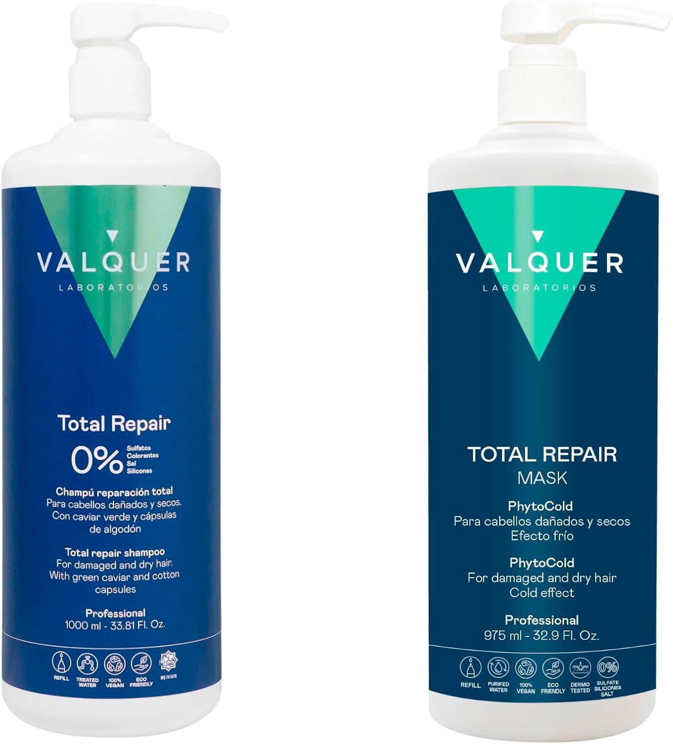 Valquer Laboratorios Total Repair Zero | Conjunto de champô e máscara hidratante para cabelo seco e danificado, fórmula vegan com caviar verde e vitamina E, 1 L cada