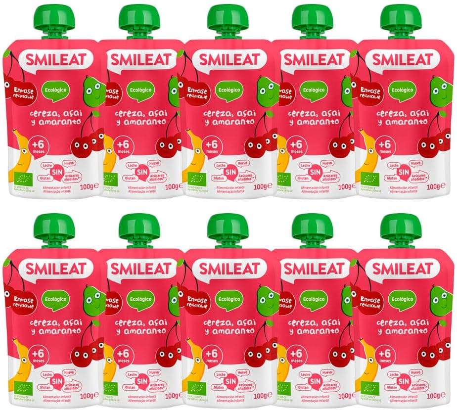 Smileat - Pouch de frutas ecológicas - sem adição de sal ou açúcar, sem glúten - Snack prático para pequenos - sabor cereja, azai e amaranto