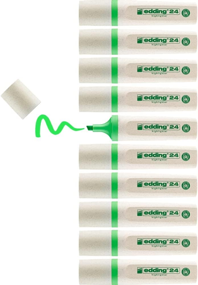 edding 24 EcoLine Highlighter - verde claro, 10 highlighters - ponta de cinzel 2 - 5 mm - para marcar e destacar textos e notas de forma rápida e fácil - recarregável, de material reciclável