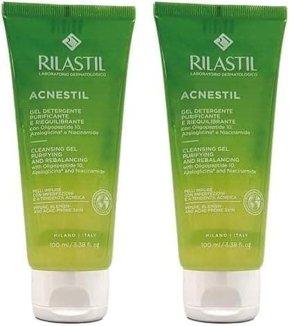 Rilastil Acnestil Gel, limpador anti-imperfeições e hidratante, limpa sem secar, com pantenol, ceramidas e ácido hialurónico, peles mistas ou gorduras com tendência acne - 100 ml (embalagem de 2)