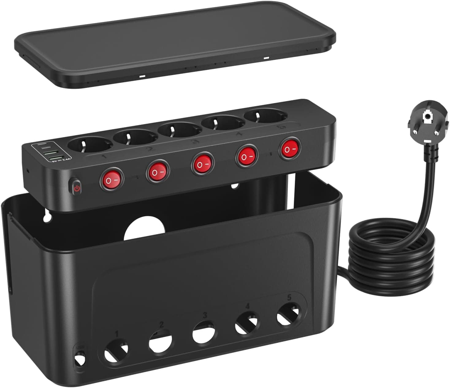 Caixa organizadora de cabos com tomadas de tomada, caixa de gestão de cabos com tomada múltipla, tomada de 5 tomadas com interruptor independente, caixa para cabos com latão tomadas USB C, preto