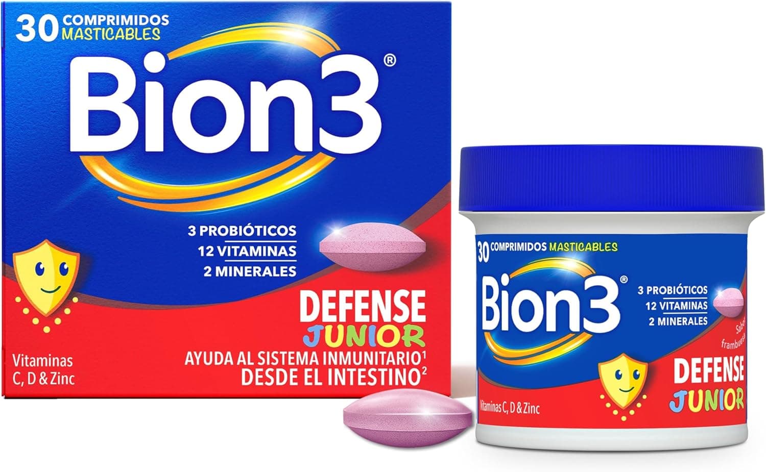 BION 3 Defense Junior - 30 comprimidos mastigáveis, probióticos, vitaminas e minerais, reforço imunitário infantil, sabor morango, sem glúten (2)