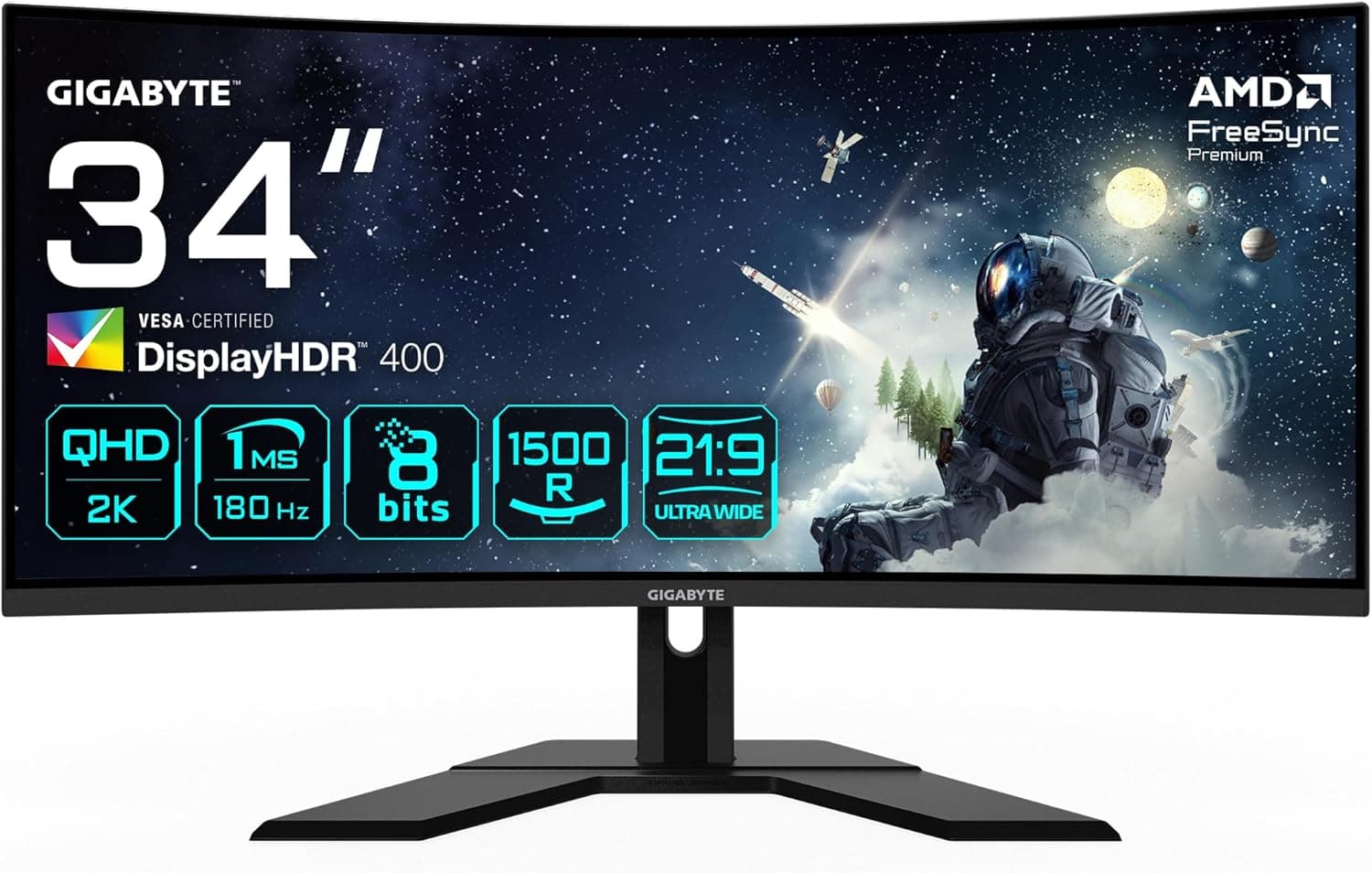 Gigabyte G34WQCP Monitor de jogo curvo WQHD 3440 x 1440, VA, 180Hz, 1 ms, 1500R, 350 CD/m², FreeSync Premium, DisplayHDR 400, HDMI 2.0, Display. Porto 1.4 12