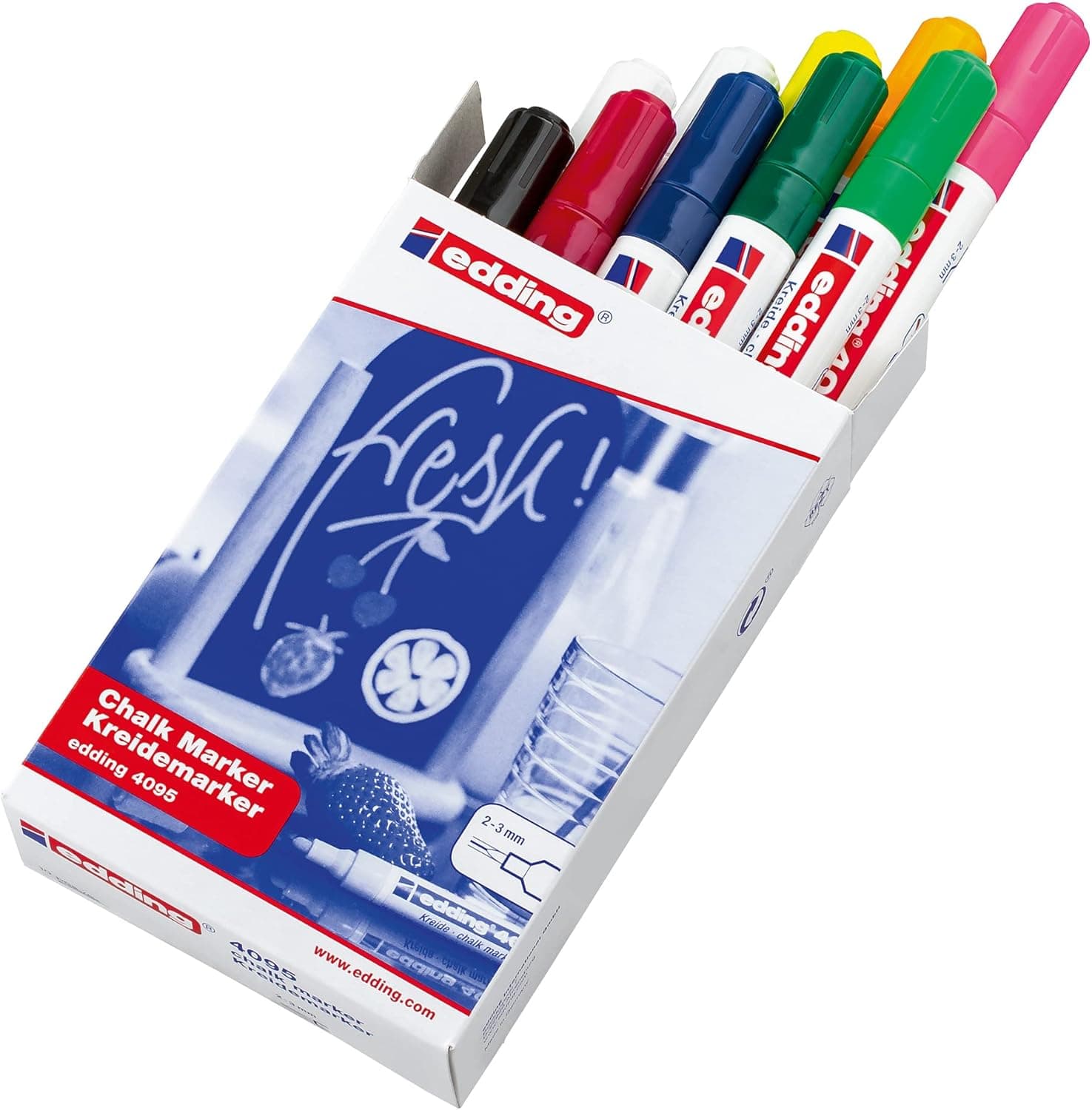 edding 4095 Marcador de giz sortido, 10 marcadores de gás, ponta redonda 2-3 mm, marcadores para vidro apagáveis, para quadros brancos, vidro e espelhos, giz líquido com cobertura opaca