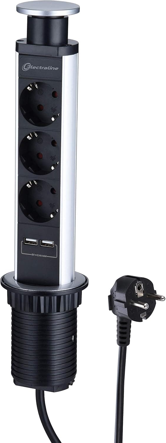 Electraline 62557 | Torre de tomadas de mesa com 3 tomadas schuko e 2 entradas USB cabo de 2 m vertical em alumínio