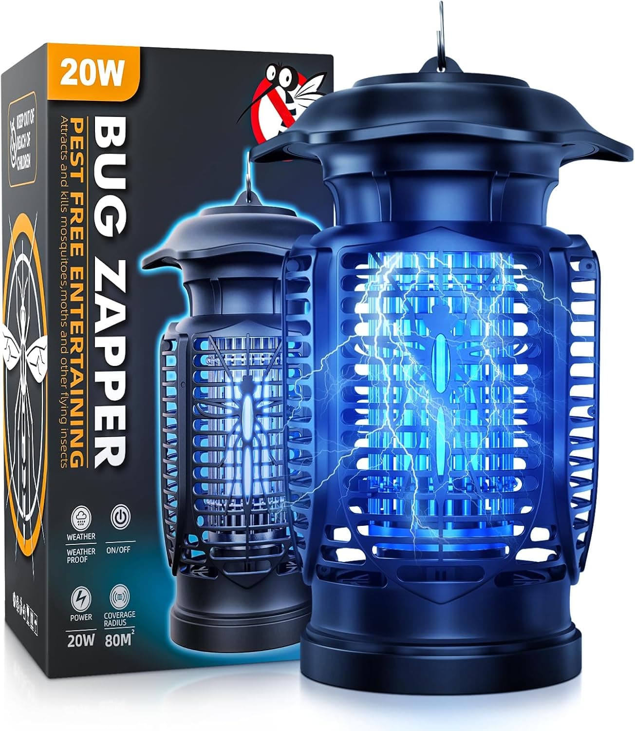 YEEFON Candeeiro anti-mosquitos elétrico, 20 W lâmpada mata insetos com escova limpa, UV Exterminador de moscas, silencioso, impermeável IPX4, proteção de 80 m² para interior e exterior