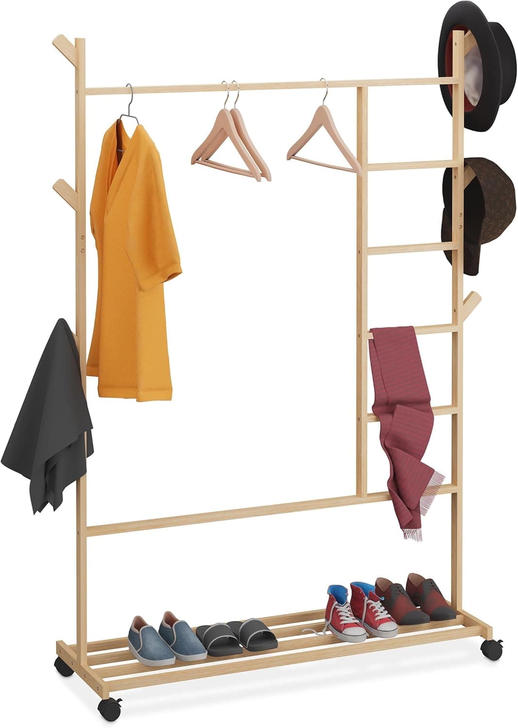 Relaxdays Cabide de pé com rodas, borro para roupa, bambu, com barra, 6 cabides e sapateira, 154 x 114 x 33 cm, natural