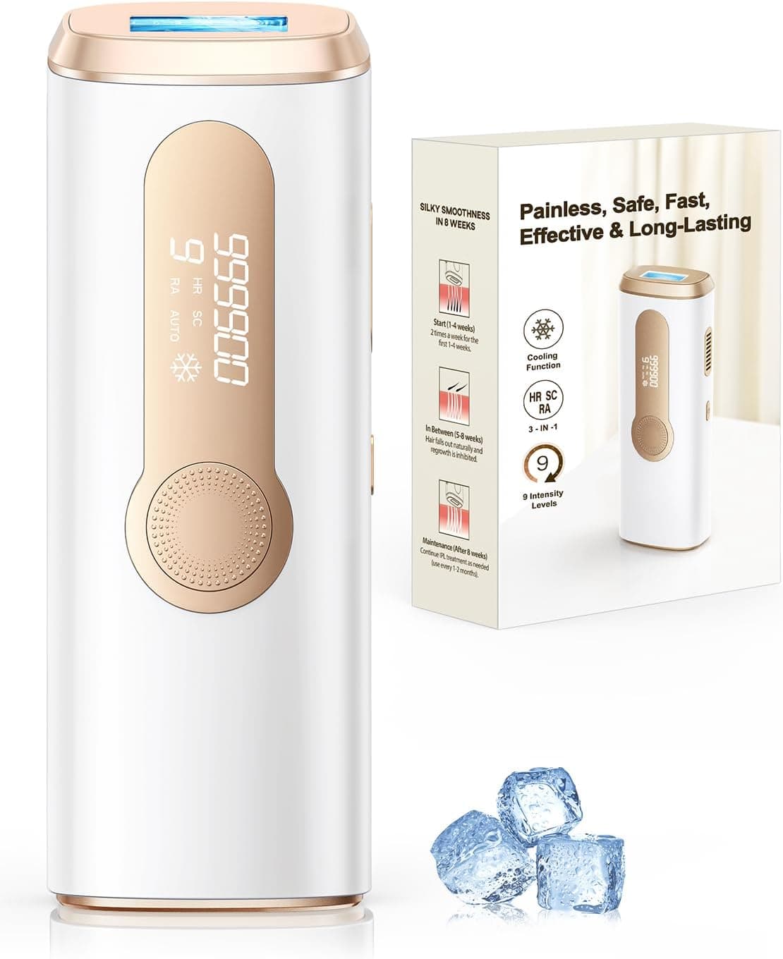 Haarlosy Depiladora a laser IPL com refrigeração, função inovadora 3 em 1, 9 níveis de energia, 999,900 Flashes, depiladora luz de pressão indolor para todo o corpo