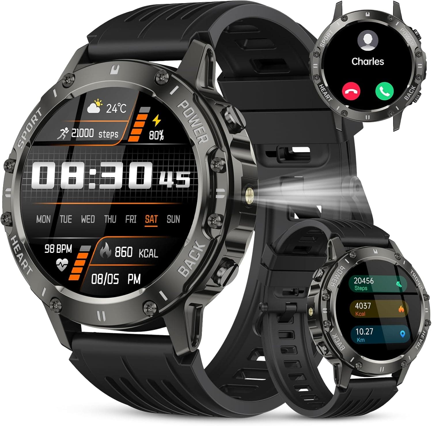 Relógio inteligente militar masculino, smartwatch masculino HD de 1,45" com chamadas BT 5.3, 114+ modos esportivos, monitor de sono 24 horas por dia, 7 dias por semana/pedômetro/monitor de frequência cardíaca, pulseira de atividade à prova d'água IP68 para Android iOS