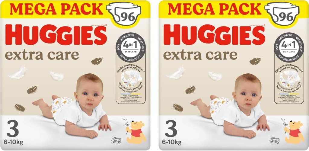 Huggies Fralda extra cuidado para bebé com desenhos Disney tamanho 3 (5 - 9 kg), 3 embalagens x 32 fraldas, 96 fraldas x 2