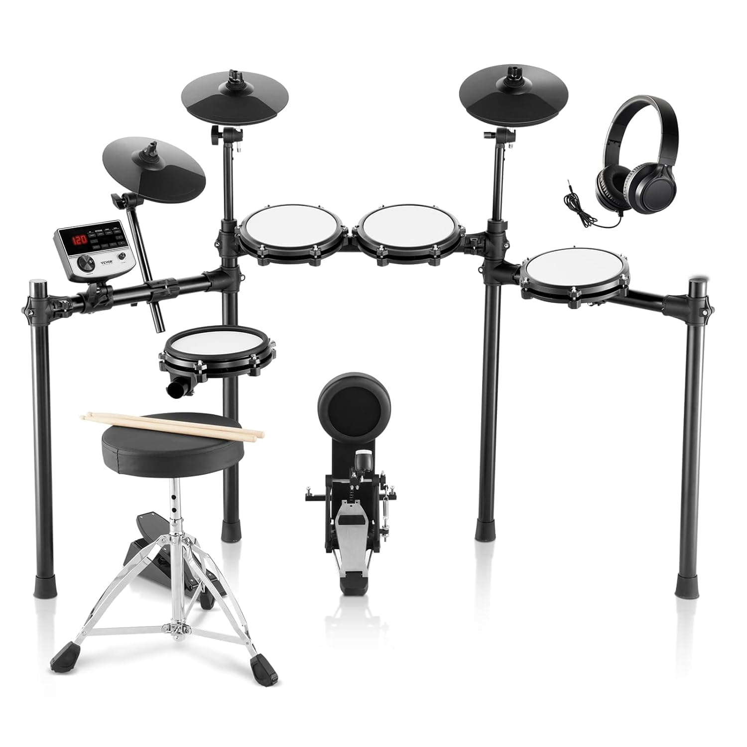 VEVOR 32 peças kit de bateria eletrónica 480 sons bateria elétrica de 20,32 cm com cadeira, caixa de malha compatível com USB MIDI, 3 pratos de 25,4 cm, casacos e auriculares para iniciantes