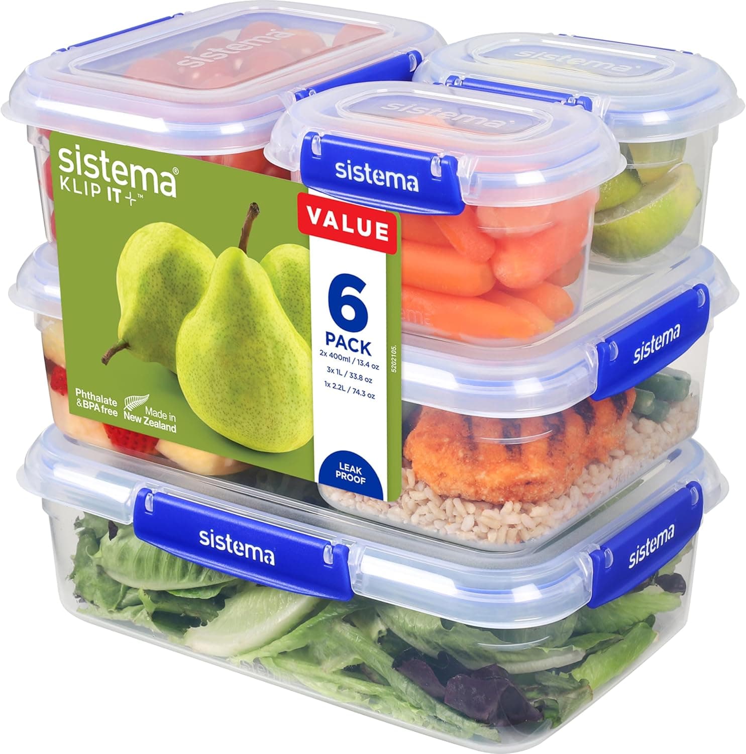 Sistema Recipientes KLIP IT PLUS Food Storage Conjunto de recipientes herméticos de 6 unidades (2 x 400 ml, 3 x 1 l, 1 x 2,2 l), selado à prova de fugas, clipes de fecho simples, sem BPA