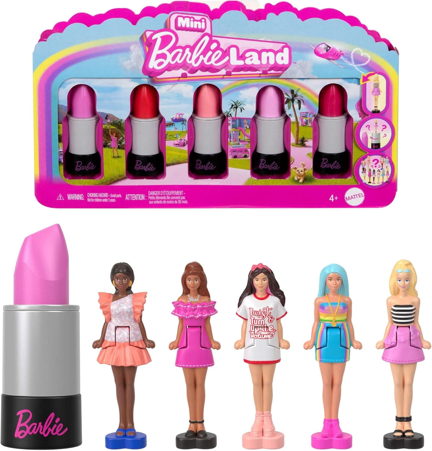 Barbie Mini Barbieland Set batons, 5 mini figuras com estilos diferentes da moda, bonecas surpresa que mostram ao abrir batons, presente de brinquedo para meninos e meninas +4 anos, JBD26