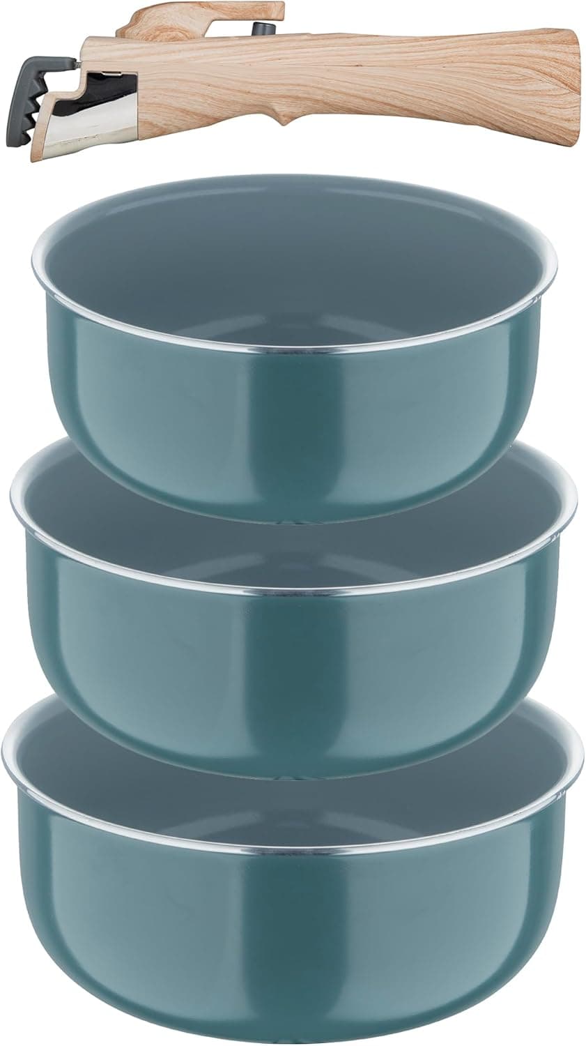 BERGNER CLICK&COOK - Conjunto de 4 peças caixas Alu prensado reciclado com cabo desmontável - revestimento PPG Fusion - verde - indução compatível