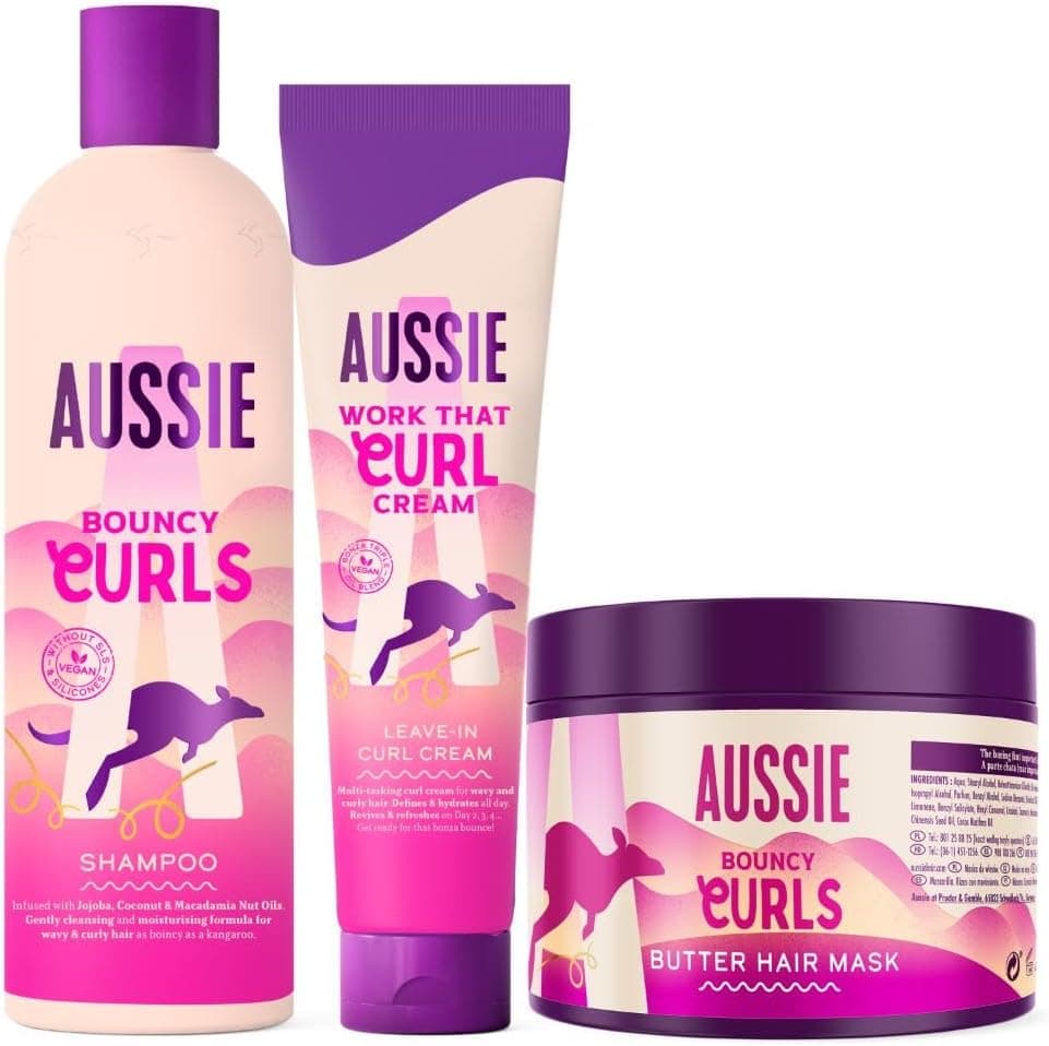 Aussie PACK ESPECIAL: Bouncy Curls: Shampoo hidratante cabelo seco encaracolado e ondulado máscara empilhar com ou sem enxaguar creme definitivo caracóis