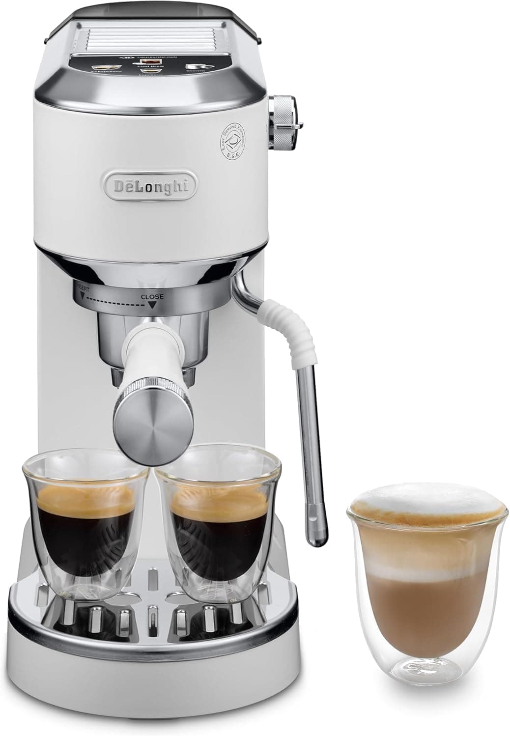 De'Longhi Dedica Duo EC890.WI, máquina de café barista com bomba, expresso e Cold Brew, máquina de café manual com varão a vapor LatteArt, 15 cm de largura, 2 expresso, ecrã tátil, canecas até 13 cm