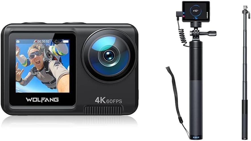 WOLFANG Câmara desportiva GA420 4K60FPS e conjunto de selfie stick recarregável
