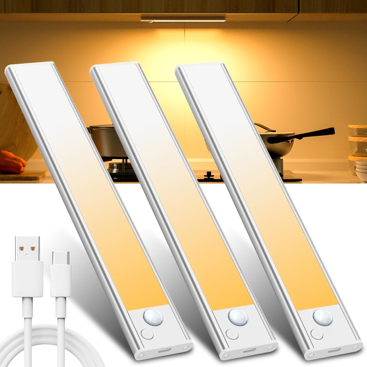 JEKEMORYE Luzes quentes luz LED sensor movimento cozinha vem com 2 peças cabo de carregamento tipo - C