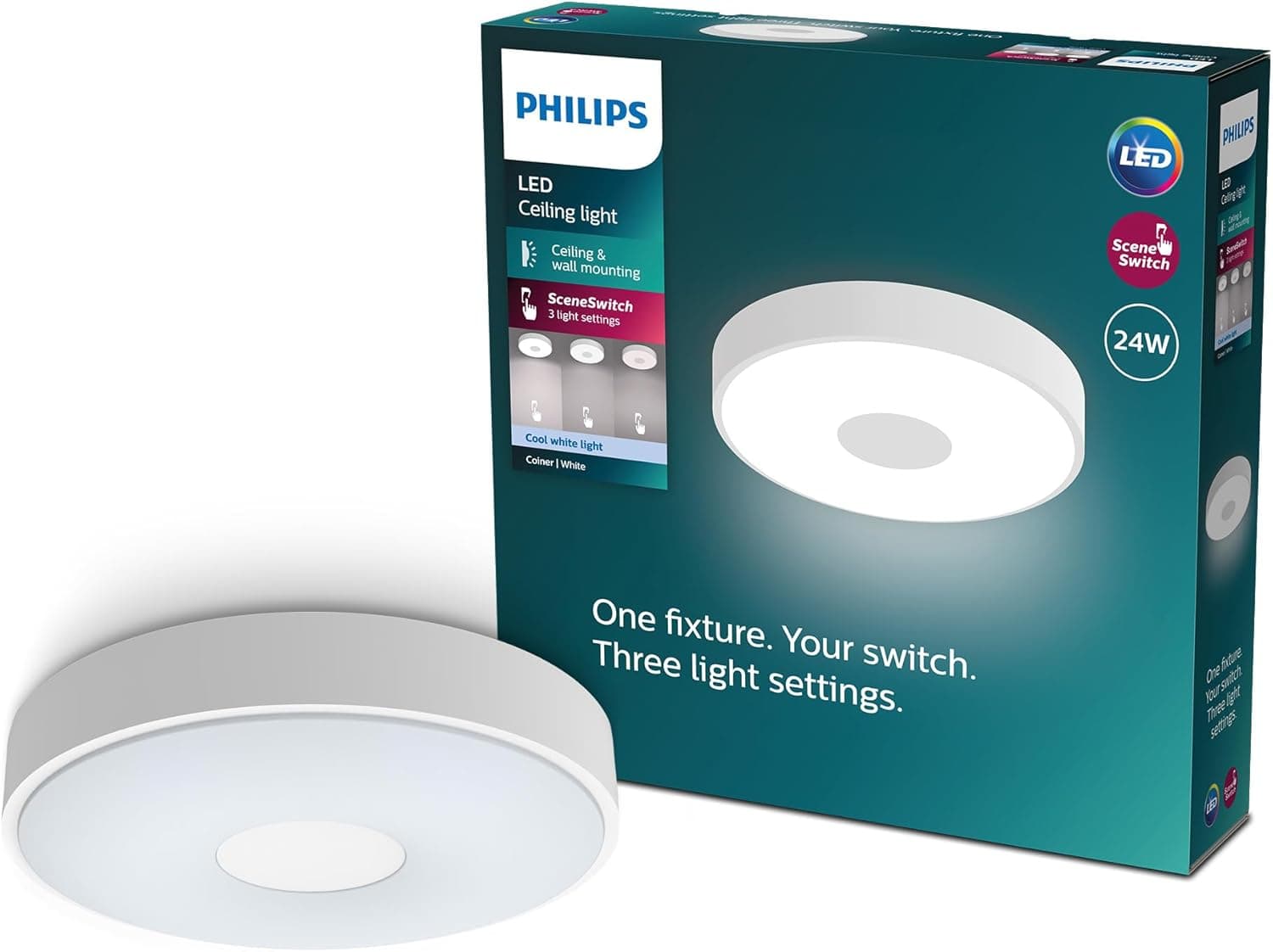 Philips Coiner Plafond Teto com SceneSwitch, redondo, 24 W, 2800 Lm, 4000 K, branco, IP20
