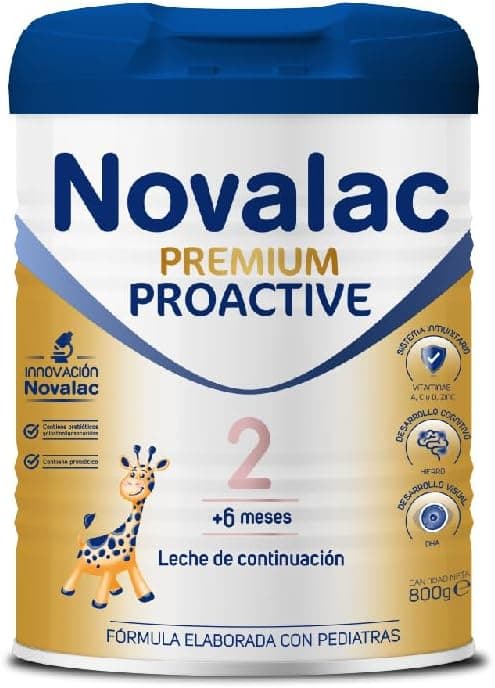 Novalac Premium Proactive 2 leite continuação 6-12 meses. Contribui o desenvolvimento normal e o sistema imunitário do bebé. Fórmula feita com pedatras com ferro, DHA, Vit A, C e D, 800 g