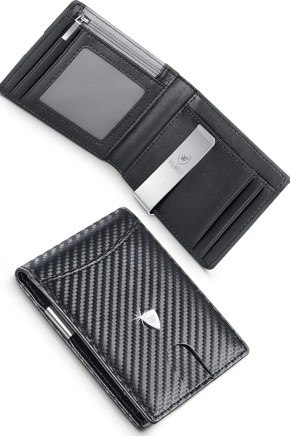 wilbest® Carteira para homem, carteira de couro, carteiras com RFID, clipe para bilhetes, bolso para moedas, porta-cartões de crédito, etc, carteira fibra de carbono com caixa de presente, preto,