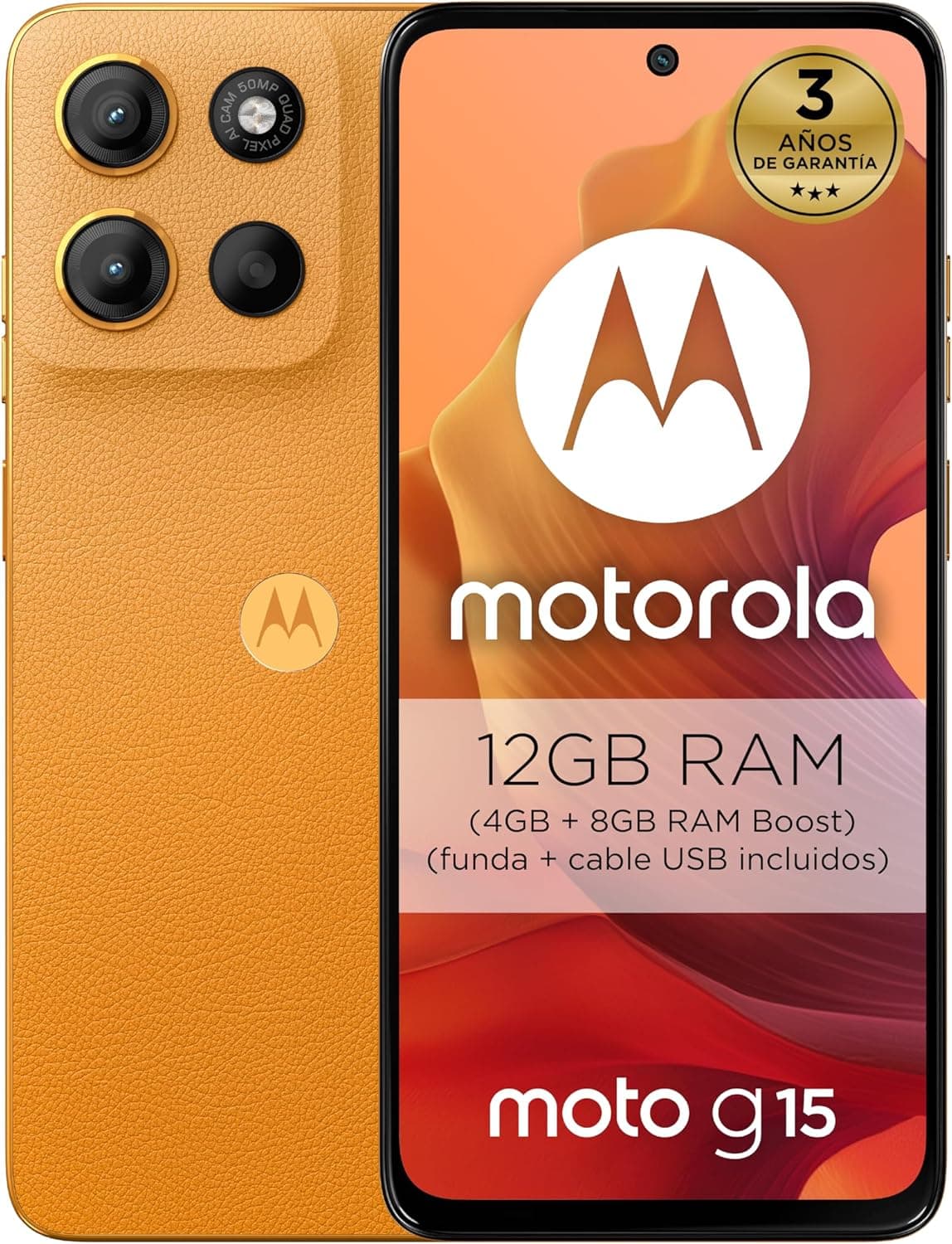 motorola Moto g15 12 GB (4 GB + 8 GB RAM Boost)/128 GB laranja, Espanha, ecrã FHD+ de 6,72", sistema de câmaras de 50 MP e alvo ultra grande angular, bateria de 5200 mAh, carregamento TurboPower™,