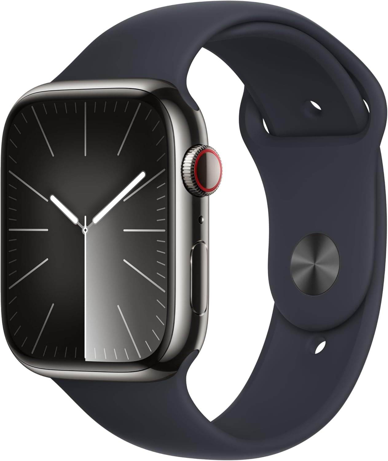 Apple Watch Series 9 (GPS Cellular) Caixa de aço inoxidável em grafite de 45 mm, correia desportiva cor média noite - tamanho S/M