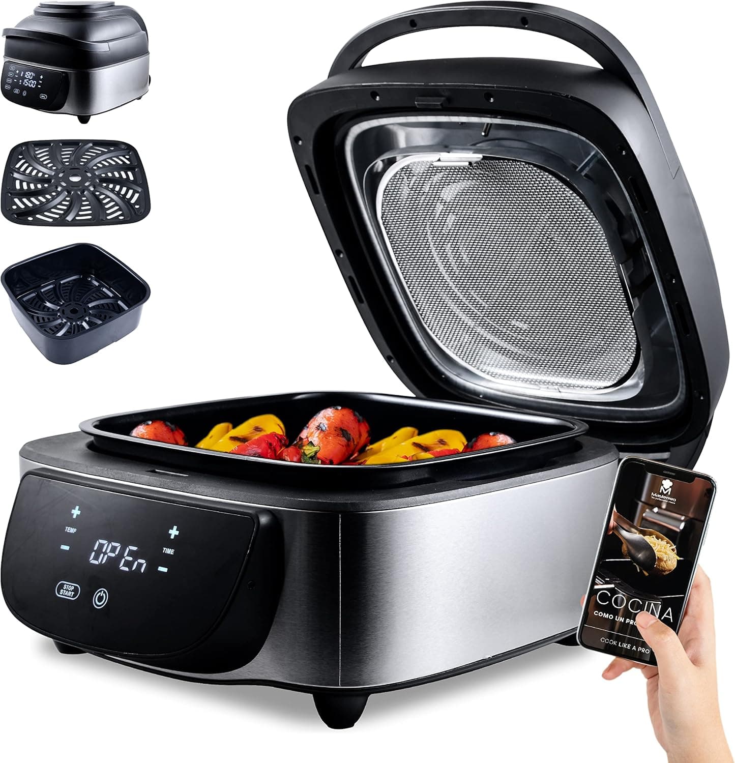 MasterPRO Airchef 5 em 1 Frigideira de ar e grelha sem fumo de interior de 1800 W e 7 litros Cap - grelhar, assar e muito mais, robô de cozinha, grelha sem fumo e Air Fryer
