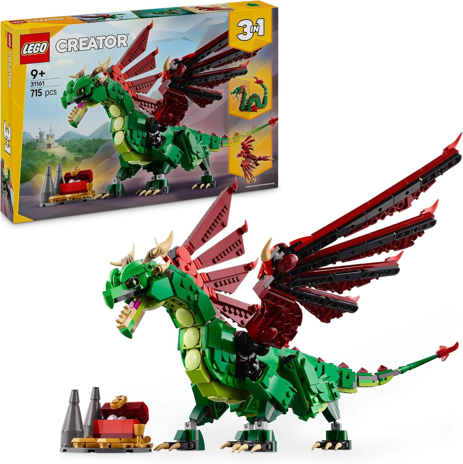 LEGO Creator 3 em 1 dragão medieval transformável em ave femnix ou cobra marinha, animais de brinquedo, figuras articuladas, presente de aniversário para meninos e meninas de 9 anos ou mais, 31161