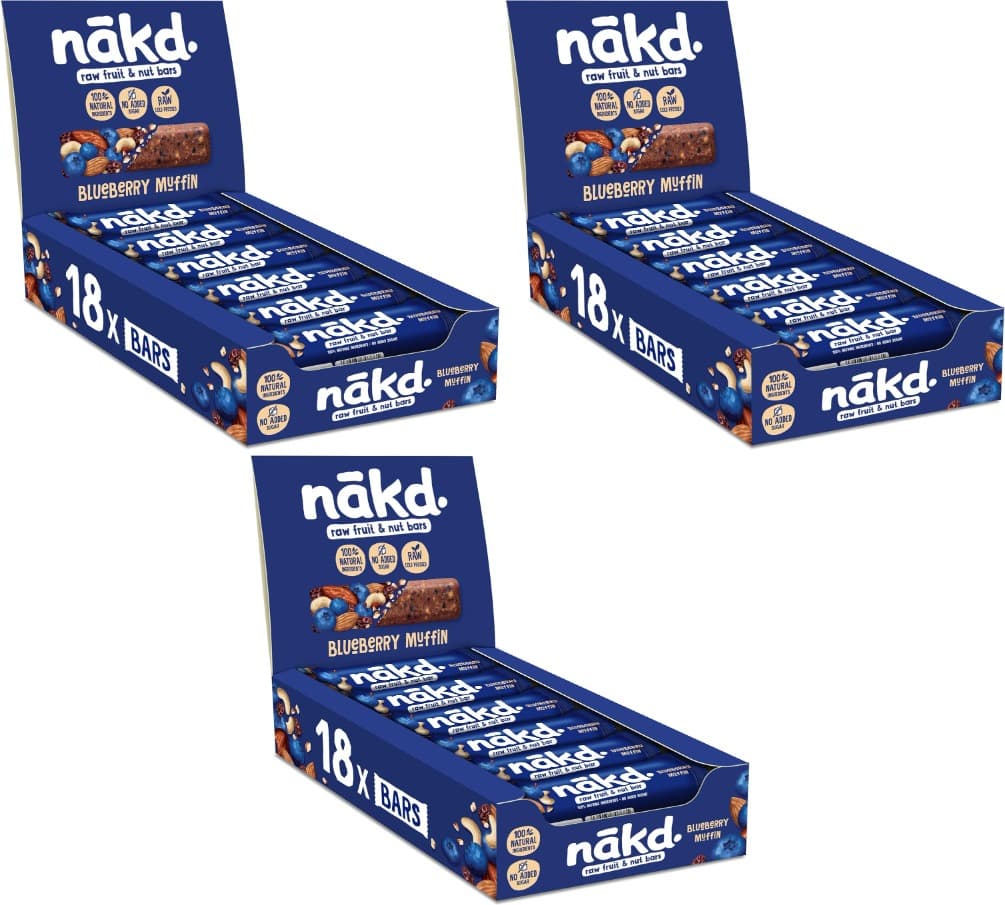 Nākd. Blueberry Muffin | Barras de fruta e frutos secos naturais sem açúcar adicionado 18 unidades