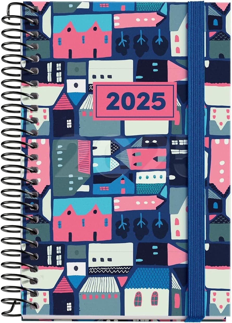 Miquelrius - Agenda 2025, Agenda anual 80 x 120 mm, agenda vista semana, cobertura de cartão forrado plastificado, espiral, fecho de borracha elástica, papel 80 g/m², catalão, inglês e português, vila
