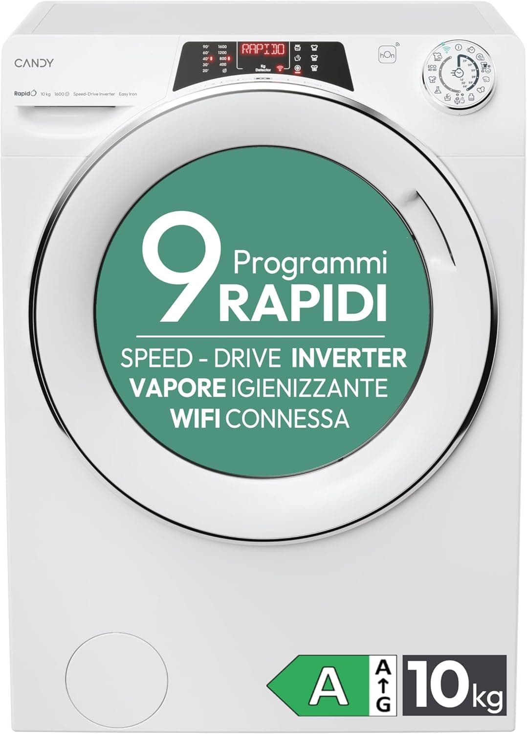 Candy RapidO RO16106DWMCT/1-S Máquina de lavar 10 kg, 1600 RPM, ecrã Smart Text, painel Smart Touch, Wi-Fi, Snap & Wash, 16 centímetros, 9 rápidos, motor Inverter Speed Drive, função V. apor, 78 DB, branco