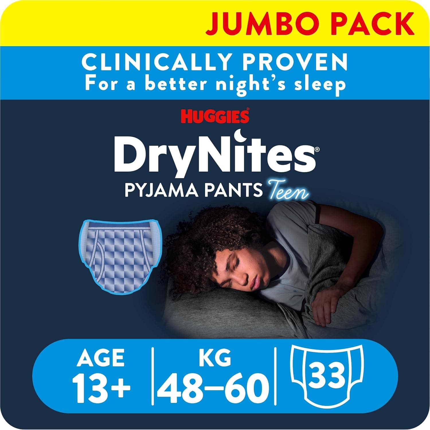 Huggies DryNites Fraldas de noite para crianças de 13 (48 a 60 kg), clinicamente testadas com 5 camadas de máxima proteção noturna, 3 pacotes de 11, total 33 cuecas absorventes
