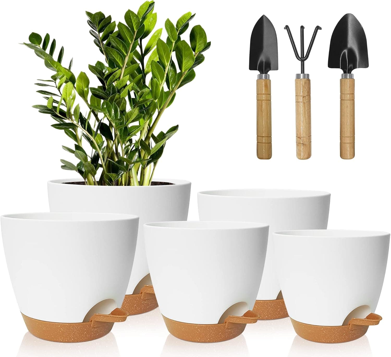 Idealife | Conjunto de 5 vasos autoirrigáveis decorativos com sistema de drenagem para interior, branco e castanho 17,8 a 12,7 cm