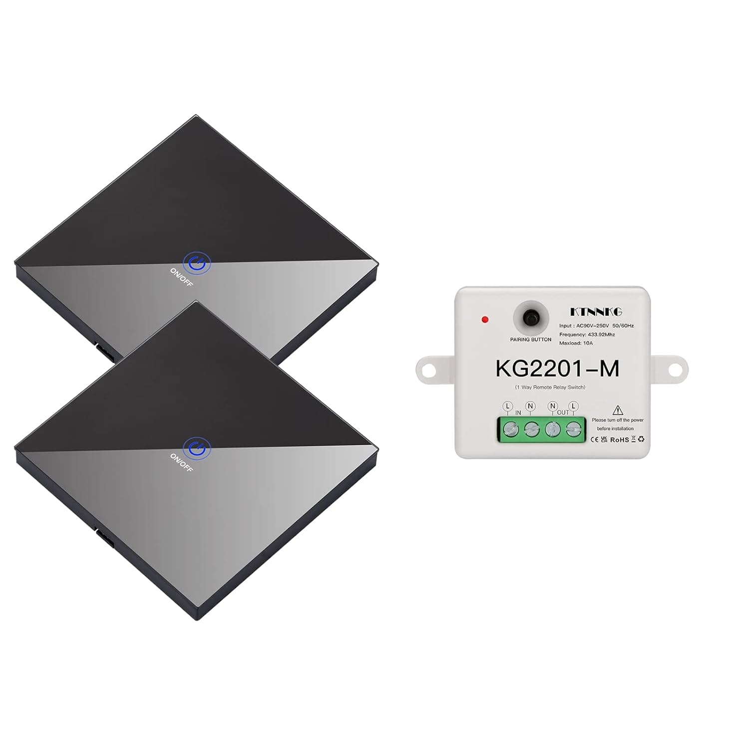 KTNNKG Interruptor de controlo remoto para luzes, interruptor elétrico sem fio, 1 recetor e 2 comandos à distância do painel de toque de vidro com distância de trabalho de 30 m (preto)