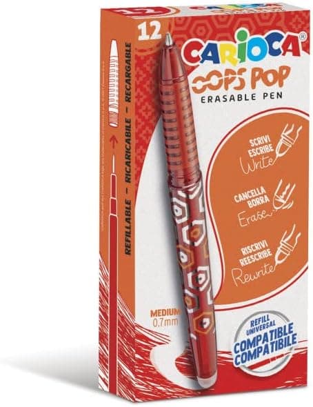 Carioca Oops Pop Canetas apagáveis vermelhas, 12 unidades, conjunto de canetas recarregáveis apagáveis para a escola e o escritório com tampa, borracha dupla e alça ergonómica, canetas vermelhas, 12