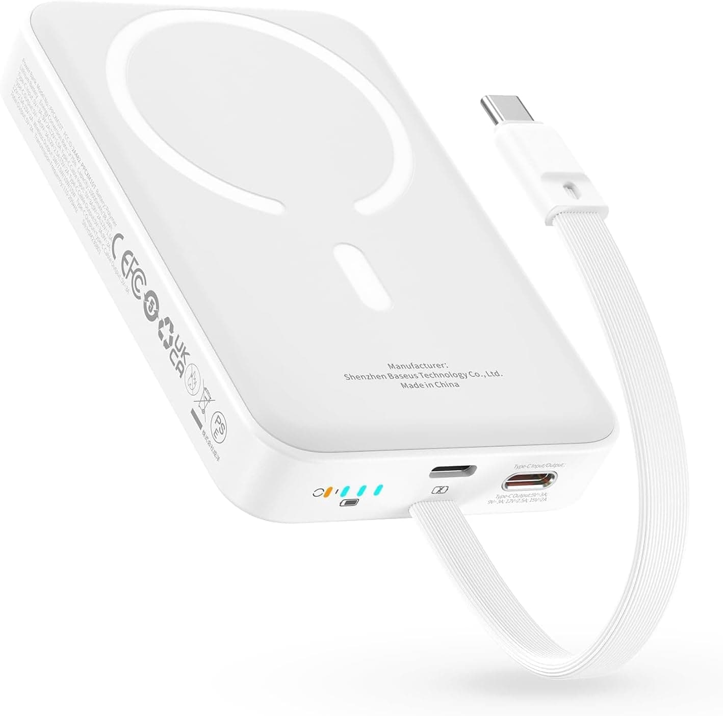 Baseus Magsafe Power Bank PD 30W, bateria externa magnética de 1000 mAh com cabo USB-C integrado (carregamento/download) para iPhone 15/14/13/12 séries, mini Powerbank sem fios, branco