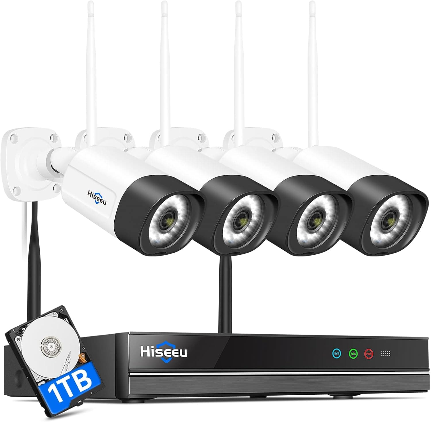 Hiseeu 5MP Outdoor WiFi | Kit de videovigilância com 4 câmaras e NVR 10 canais com disco 1 TB e visão noturna a cores