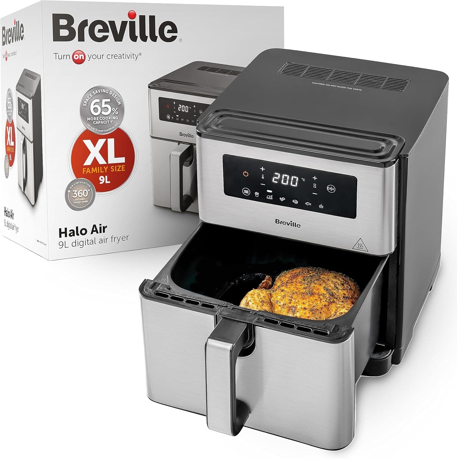 Breville Frigideira de ar de 9L | Fritadeira de ar de grande capacidade, design compacto, digital de 9L, potência de 1700 W para resultados rápidos, 50 % mais eficiência energética, [VDF131X] | tomada UE